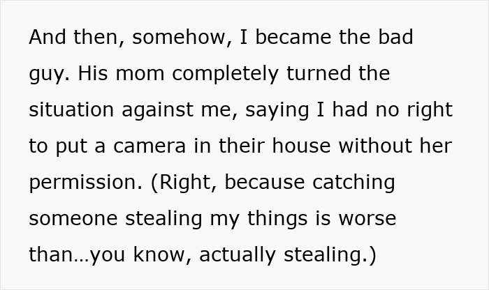 Text screenshot about setting up a camera for evidence, discusses family conflict over permission and theft.