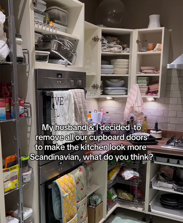 Open kitchen cupboards in Scandinavian style transformation. Open kitchen cupboards in Scandinavian style transformation.