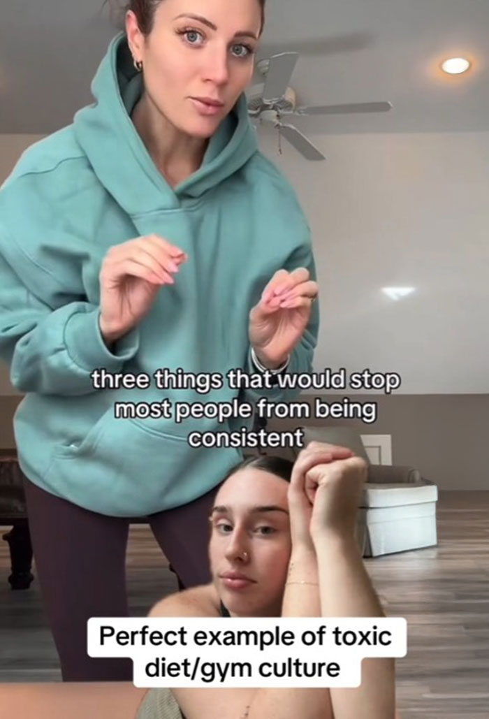 Woman in teal hoodie discussing consistency in fitness, with text highlighting toxic diet/gym culture.