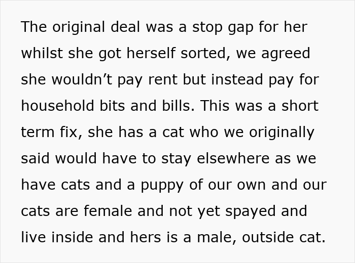 Text about a woman's temporary stay arrangement causing issues with pets and rent.