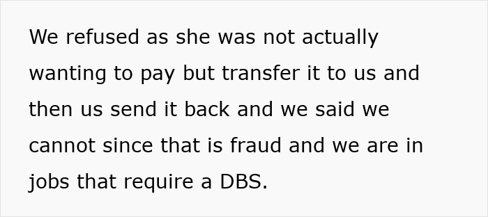 Text about a woman&rsquo;s extended stay causing a dilemma, mentions refusal to engage in potential fraud.
