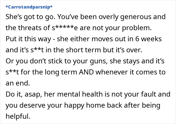 Text advising a person to set boundaries with a friend staying long-term, suggesting the friend should move out.