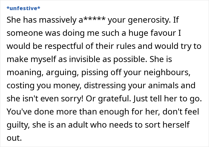 Text from a friend advising on boundaries after a woman&rsquo;s extended stay, suggesting it&rsquo;s time to ask her to leave.