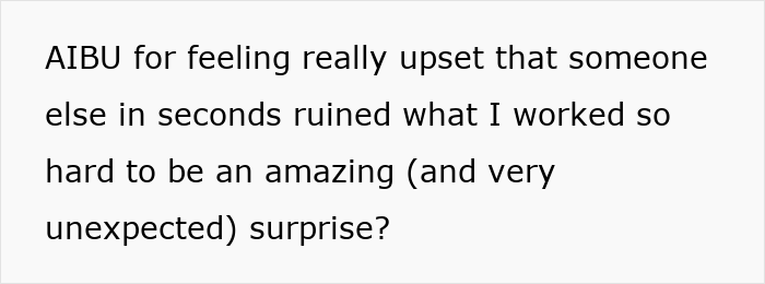 Text expressing frustration over a secret surprise being ruined by in-laws.