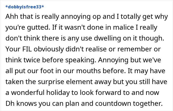 Comment discussing a husband's surprise trip spoiled by in-laws.