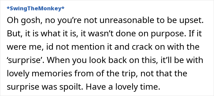 Text exchange about a woman's surprise birthday trip, discussing how it was ruined unexpectedly by in-laws.