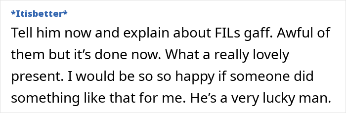 Comment discussing a surprise birthday trip ruined by in-laws, calling it a lovely present and expressing happiness.