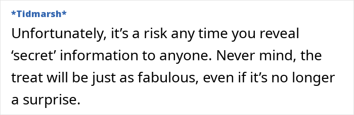 Text about the risk of revealing secret birthday trip surprises, emphasizing enjoyment despite spoilers.