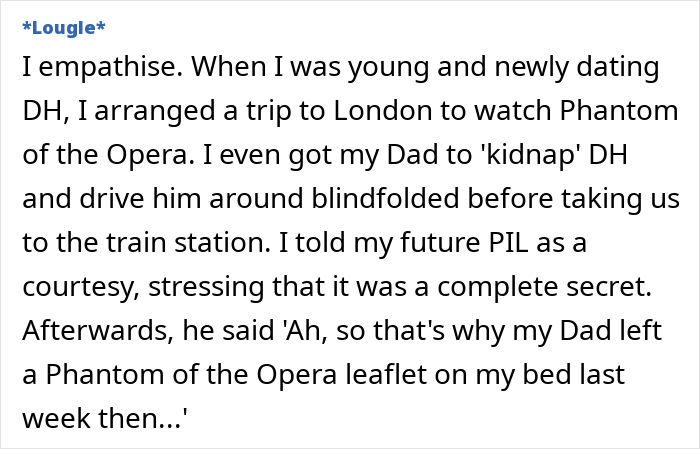 Text detail of a surprise birthday trip plan that was unintentionally revealed by in-laws.