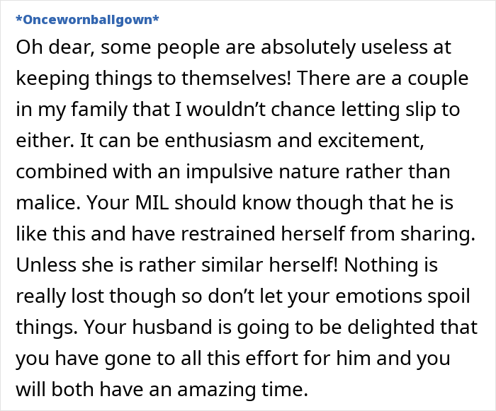 Text discussing how in-laws ruined a husband's surprise birthday trip.