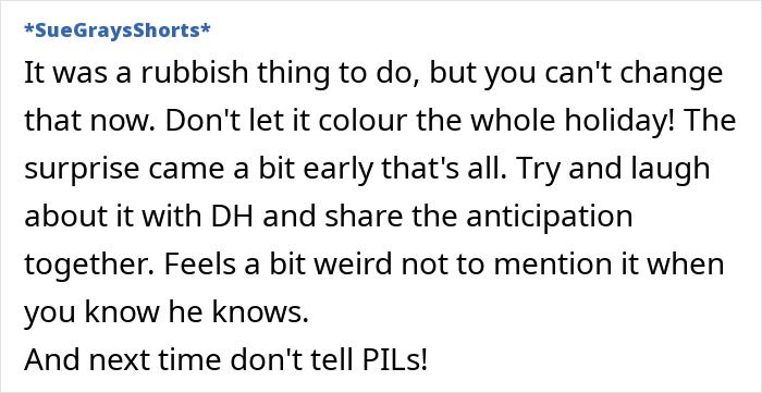 Text discussion about a surprise birthday trip being spoiled, offering advice and mentioning in-laws.