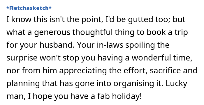 Text comment expressing sympathy for a ruined surprise birthday trip planned for a husband by his wife, spoiled by in-laws.