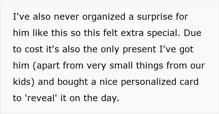 Text expressing a woman&rsquo;s joy in planning a secret birthday trip for her husband, emphasizing its uniqueness.