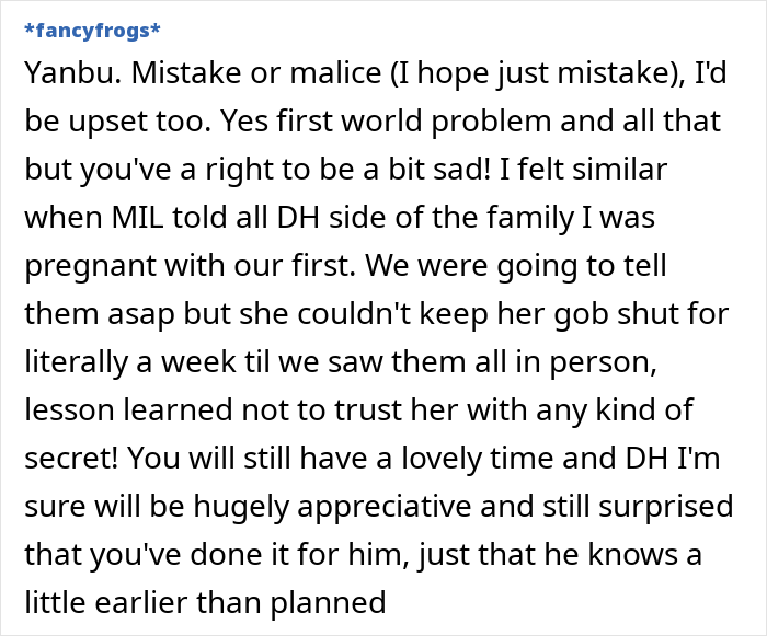 Text comment discussing a secret birthday surprise ruined by in-laws.