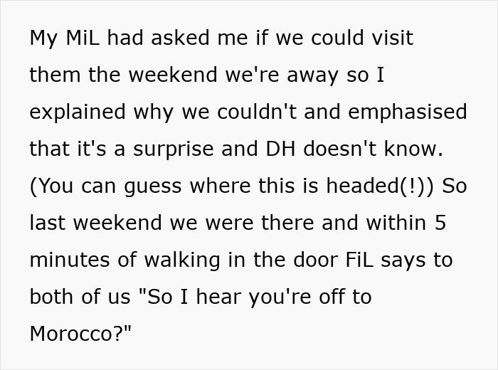 Text discussing a surprise birthday trip was accidentally revealed by in-laws.