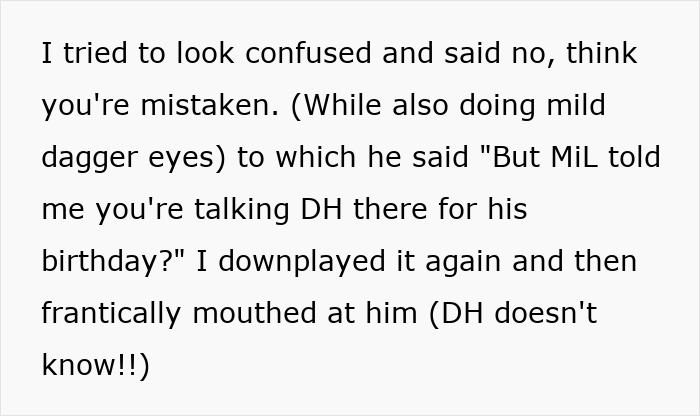 Text screenshot about a surprise birthday trip ruined by in-laws' conversation.