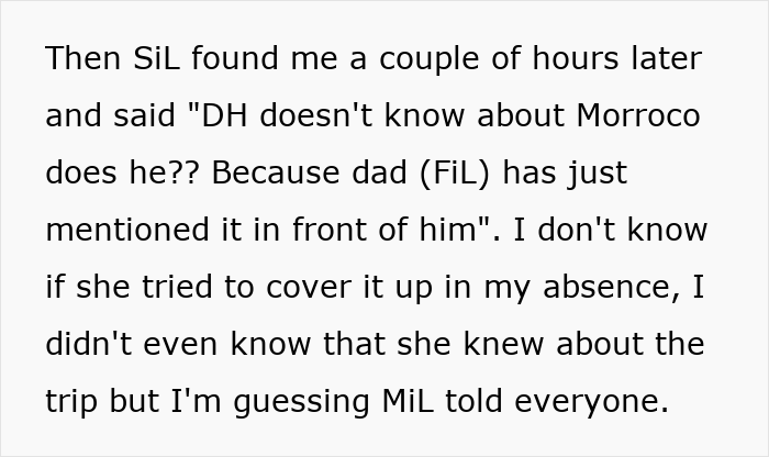 Text revealing husband's surprise birthday trip ruined by in-laws.