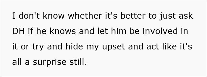 Text expressing dilemma about revealing surprise birthday trip to husband.