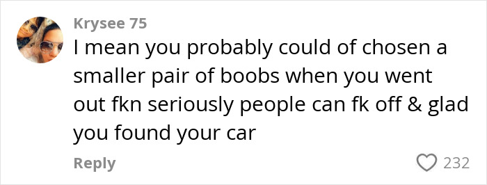 Comment addressing woman with G-cup discussing public reactions, emphasizing personal choice and comfort.
