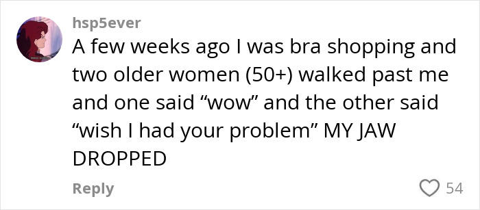 User comment on bra shopping experience, highlighting reactions from two older women.