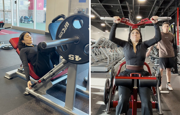 Sara Conde exercising in gym using leg press and shoulder press machines, focusing on lifestyle change for weight loss.
