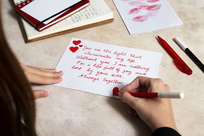 Person writing a meaningful Valentine's card with a red pen on a desk.
