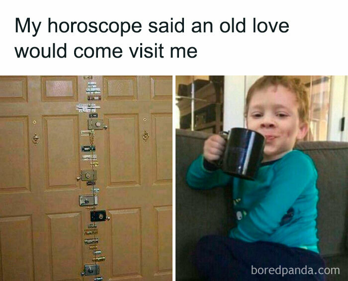 A funny meme from "Women Behaving Badly" depicting a door with many locks and a child drinking from a mug.