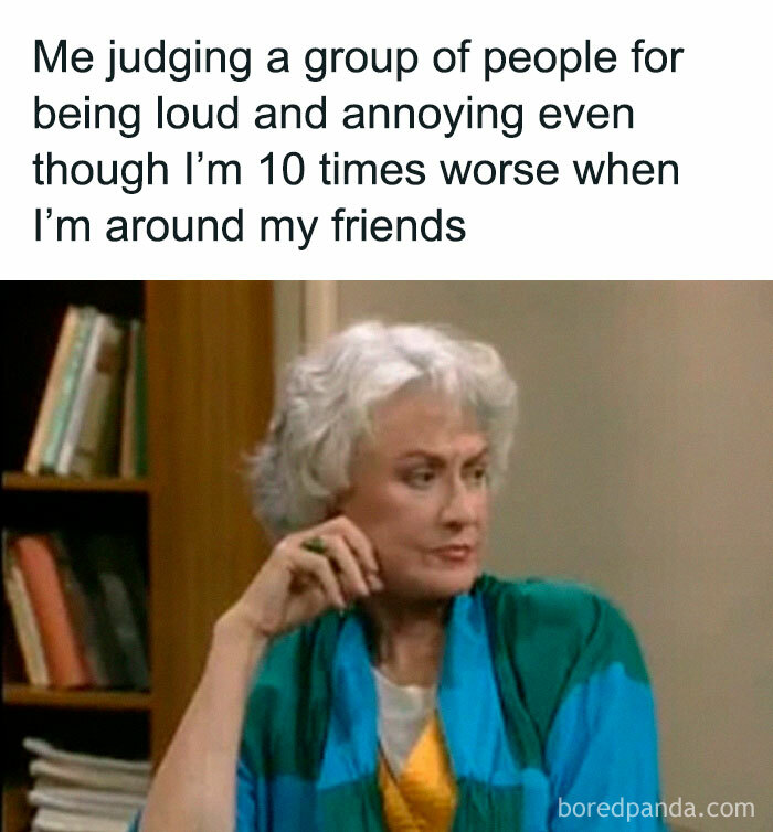 Woman contemplating judgment on loud group, humorous meme from "Women Behaving Badly".