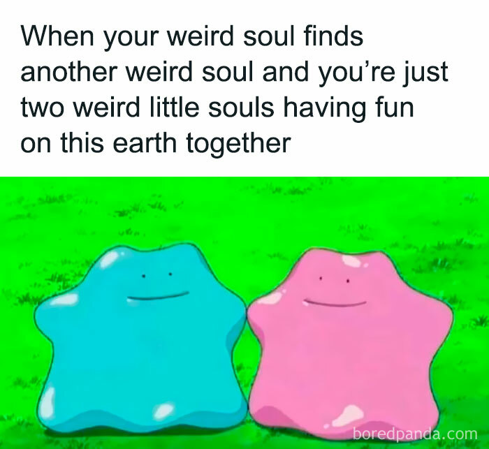 Two cute blob-like characters with text about finding a kindred soul. Funny memes from Women Behaving Badly.