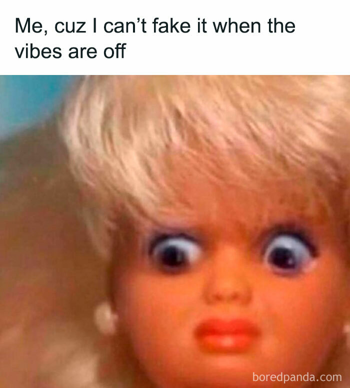 Blonde doll with wide eyes and a surprised expression, capturing a relatable and funny meme vibe.