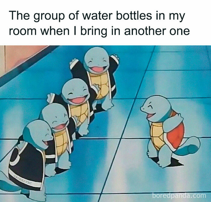 Squirtles in a line happily greeting another Squirtle, captioned with a joke about water bottles, shared by “Women Behaving Badly”.