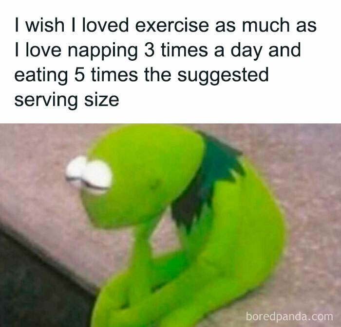 Sad Kermit meme from "Women Behaving Badly" about loving napping and overeating more than exercise.
