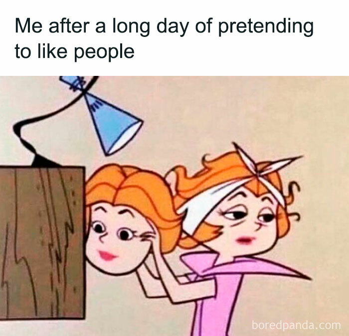 Cartoon character removing mask, captioned about pretending to like people, from "Women Behaving Badly" memes.
