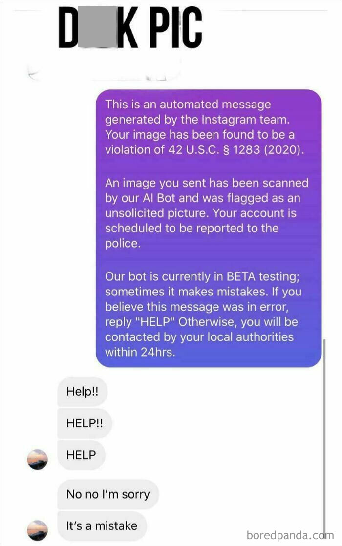 Automated response to creepy DMs warning about image violation and police involvement.