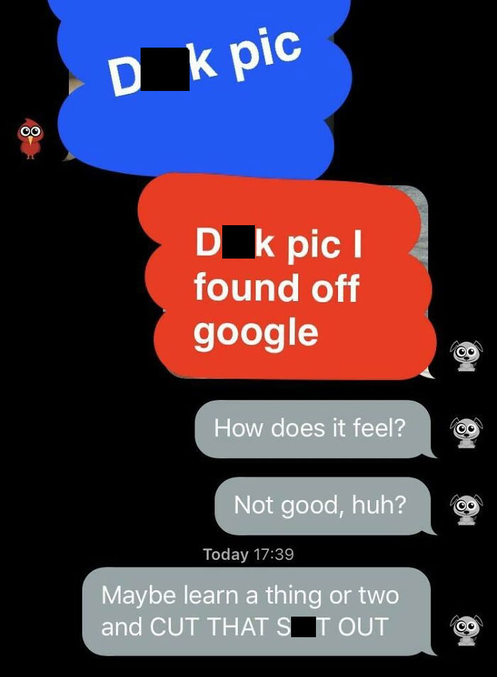 Conversation addressing inappropriate DMs with assertive response.