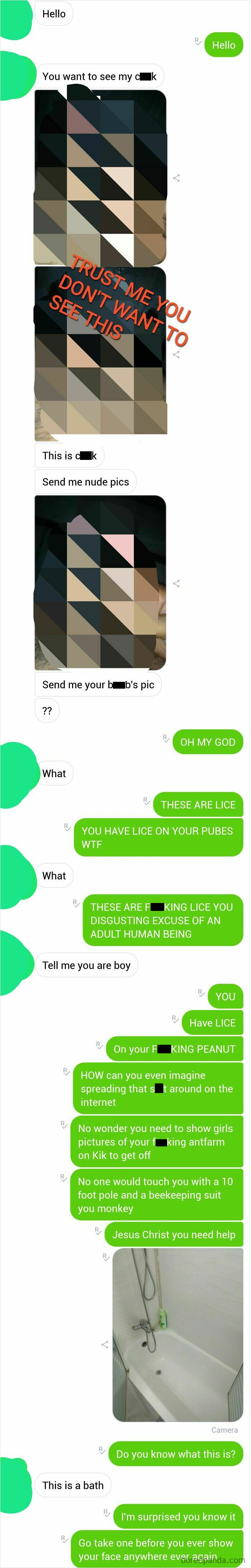 Text conversation screenshot showing inappropriate DMs; recipient responds with sarcasm to a creepy message.