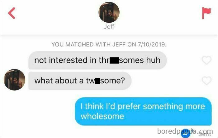 Chat conversation illustrating a woman's response to a creepy DM, preferring something more wholesome.