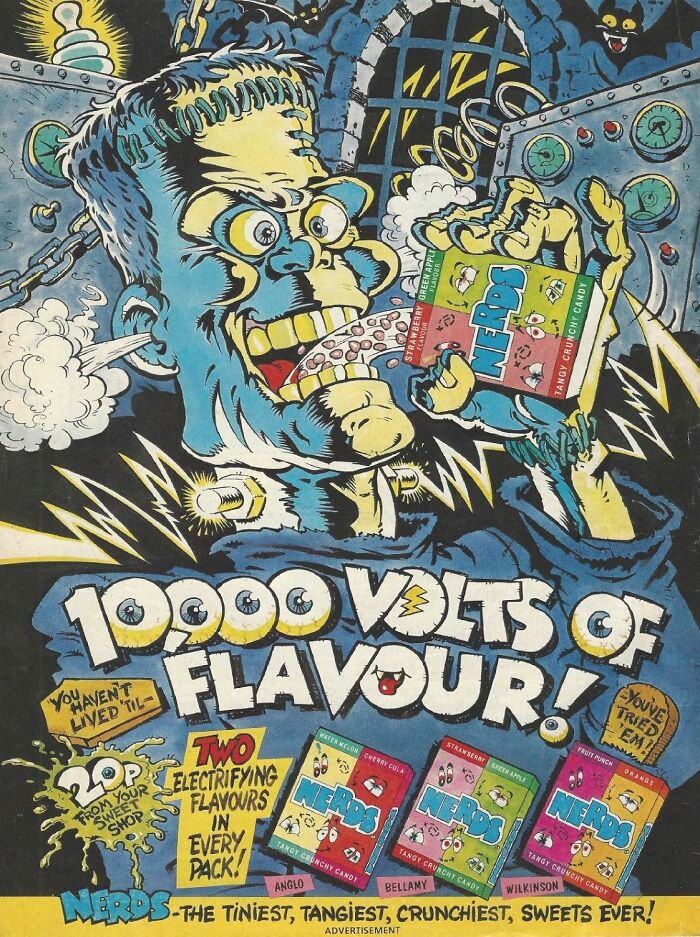 Vintage-Commercials: Frankenstein-style character holding Nerds candy, surrounded by colorful, electrifying graphics.