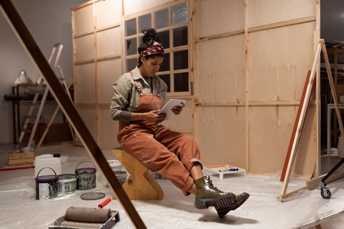 Woman in construction attire sitting on a stool, holding a tablet, with remodeling tools around her.