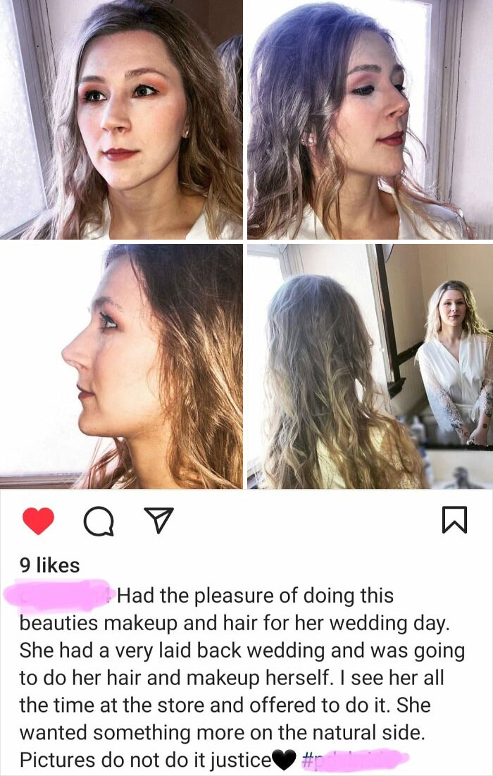 Bride with a natural hair and makeup look for her wedding; example of hair fails.