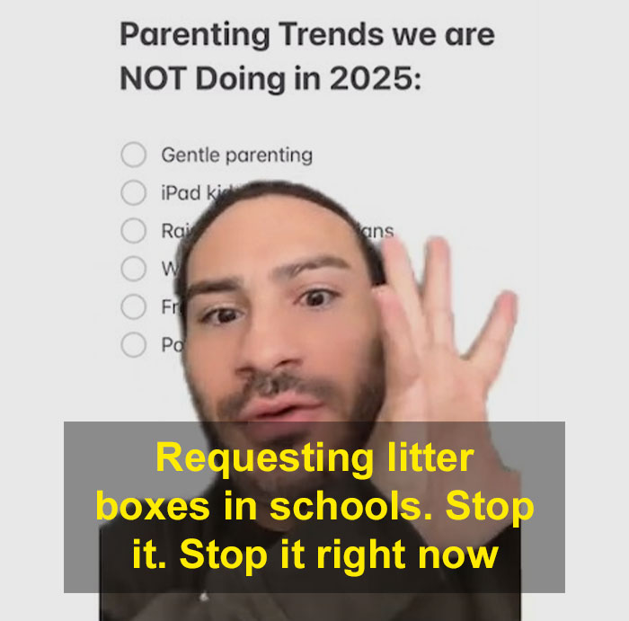 Man critiques gentle parenting trends for 2025, gesturing with hand in a video still.