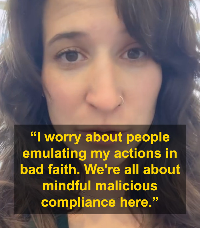 Britt Boril discussing mindful malicious compliance with a concerned expression, quote on screen. Britt Boril discussing mindful malicious compliance with a concerned expression, quote on screen.