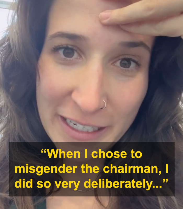 Britt Boril expressing views on misgendering senator, text overlay explains her deliberate action. Britt Boril expressing views on misgendering senator, text overlay explains her deliberate action.