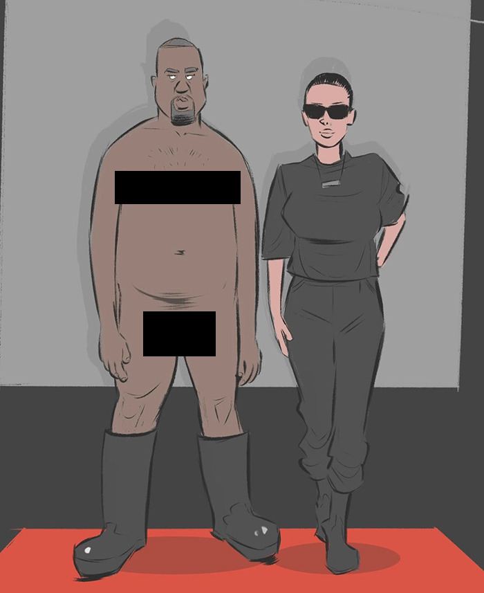 Two cartoon characters, one partially censored, standing on a red carpet, referencing Kanye West AI meme. Two cartoon characters, one partially censored, standing on a red carpet, referencing Kanye West AI meme.