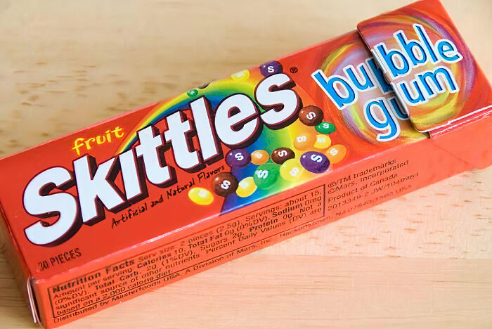 Skittles bubble gum package, a vanished 90s and 2000s food item.