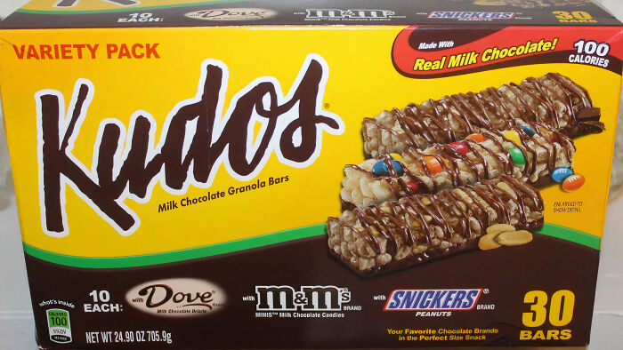 Kudos granola bars variety pack from the 90s, featuring milk chocolate, M&M's, Snickers, and Dove flavors.