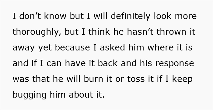 Text on a white background discussing a woman upset over her boyfriend taking away her baby blanket.