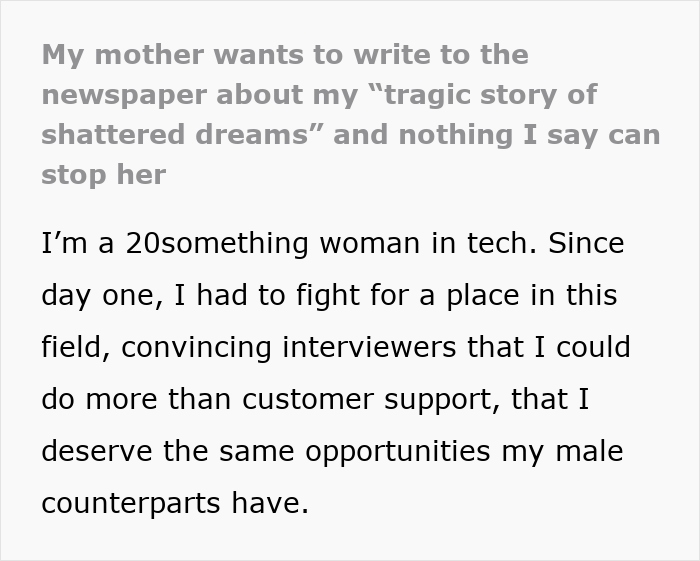 Woman in tech struggles with career challenges, mother wants to write about her &ldquo;tragic story of shattered dreams.&rdquo;