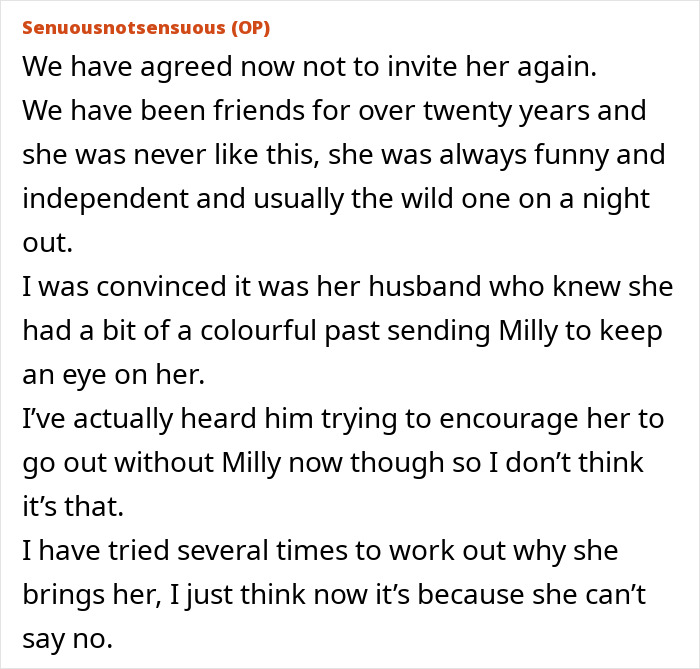 Text from a forum post discussing the exclusion of a woman from a friend group after a spa day incident.