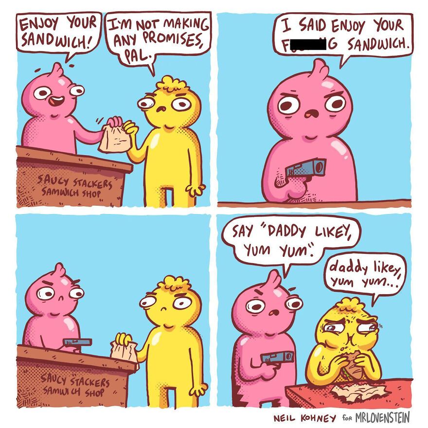 Comic by Neil Kohney featuring characters with dark humor at a sandwich shop, one holding a bag and the other a toy gun.